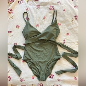 Aerie One-Piece Full Coverage Green Wrap Swimsuit